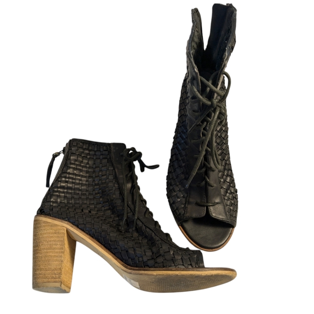 Rebels Black Woven Leather Lace Up Open Toe Bohemian Heels / Booties SZ 8 - Picture 3 of 5